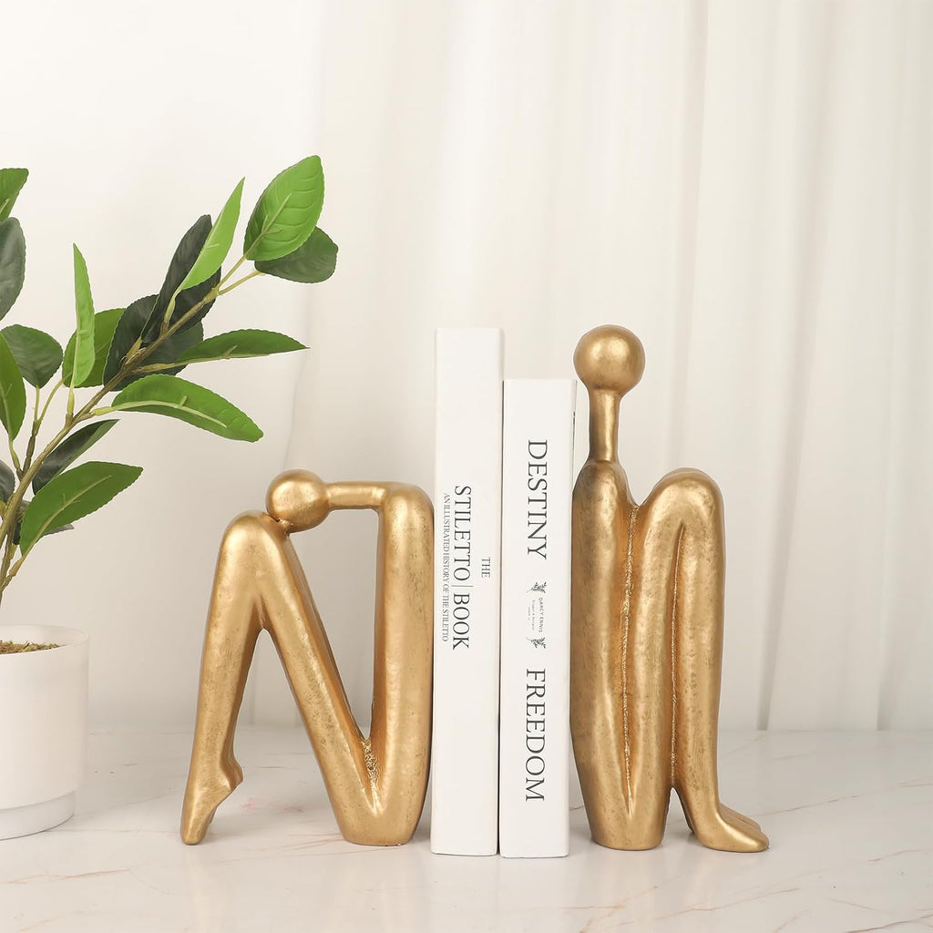 Thinker Cast Iron Bookends, Heavy-Duty Decorative Book End Stoppers for Shelves, Abstract Decor Aesthetic, Smooth