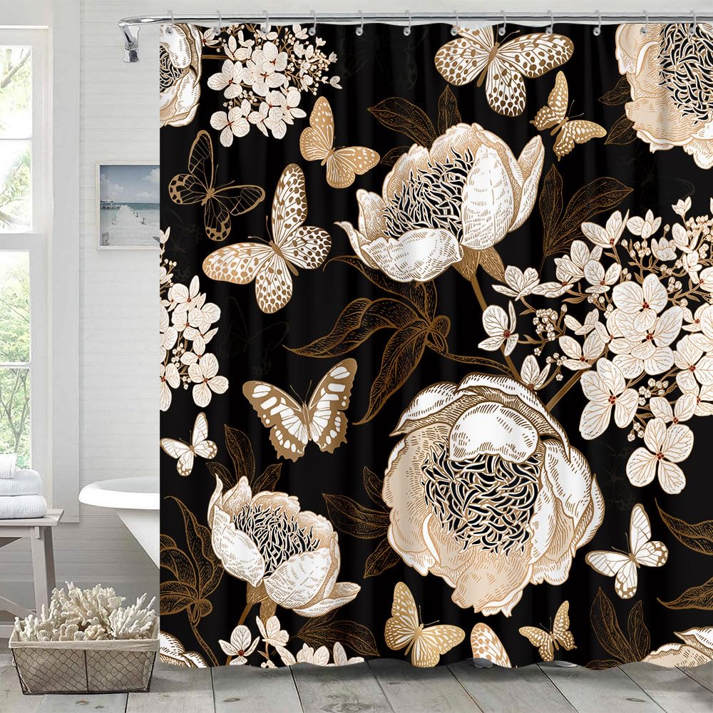 Black and Gold Floral Butterfly Shower Curtain, Boho Dark Flowers Botanical Aesthetic Shower Curtain with Hook