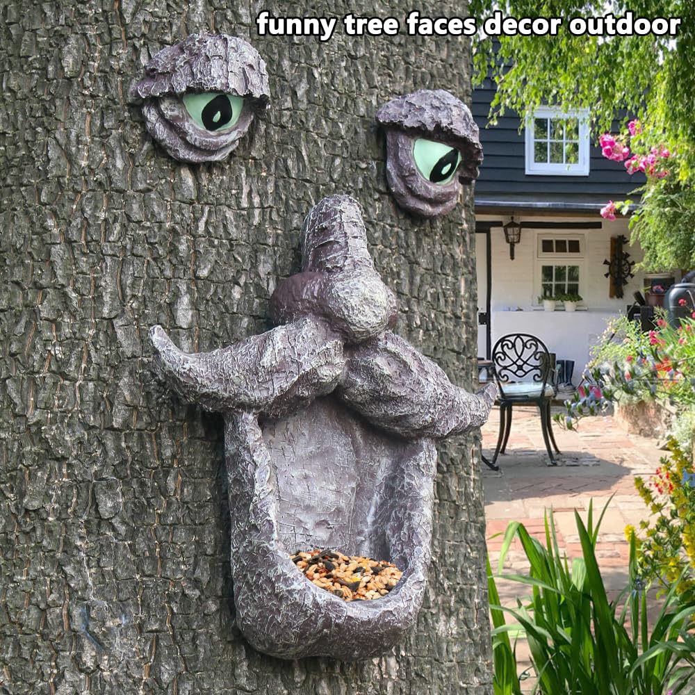 Tree Face Decors Wild Bird Feeders, Whimsical Big Eyes Old Man Face for Tree Hugger Yard Art Outdoor Garden Sculptures