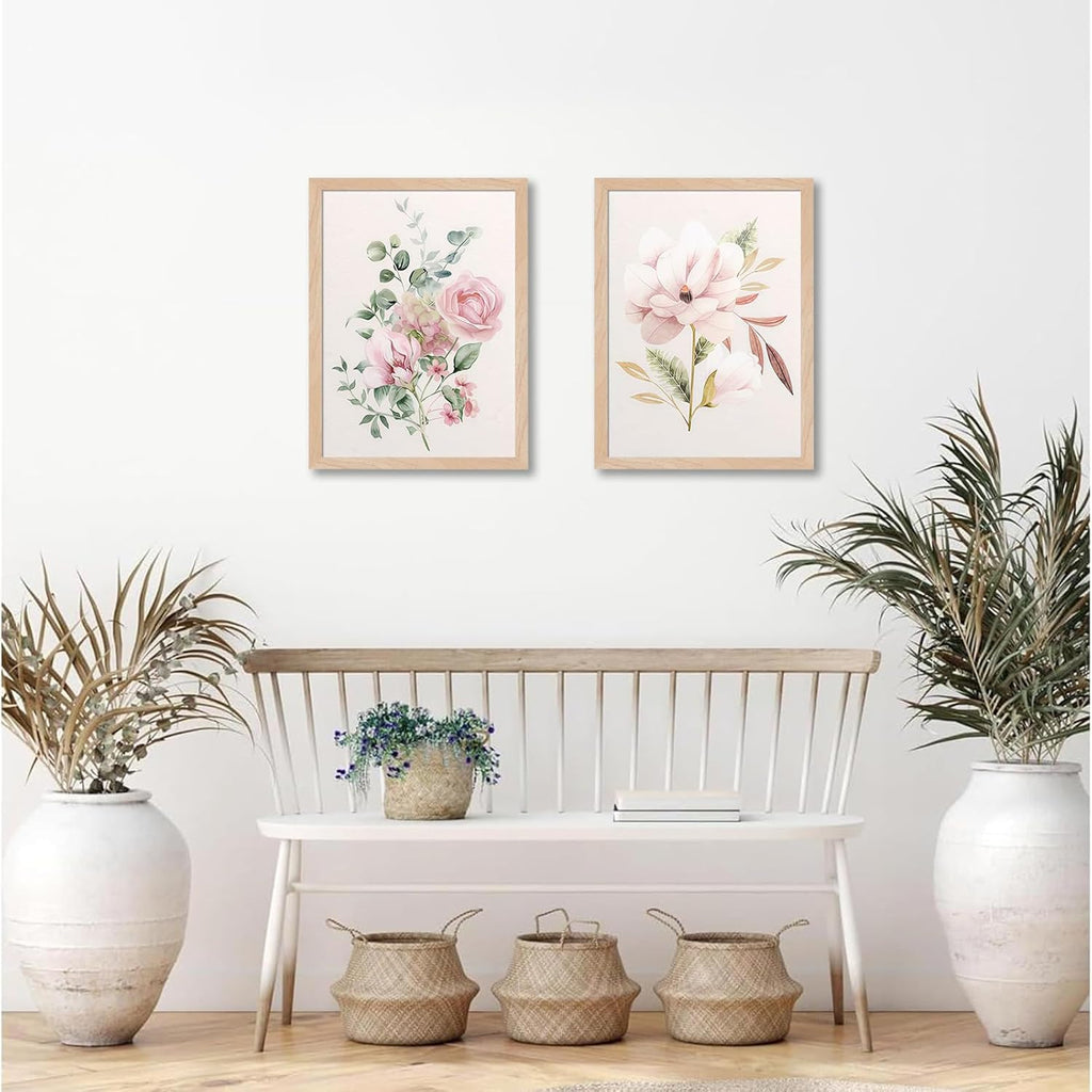 Framed Botanical Wall Art Set of 2, Pink Floral Canvas Prints with Natural Wood Frames, 16x20