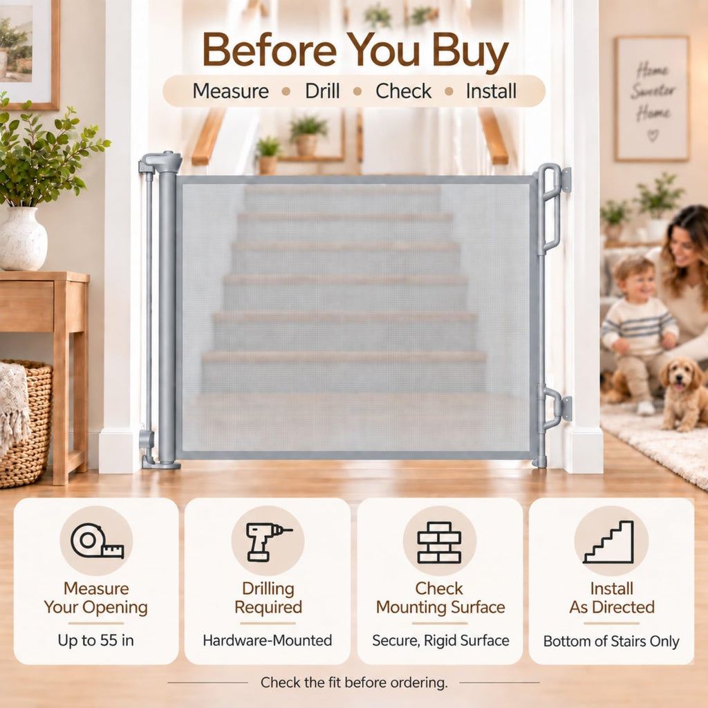 Retractable Baby Gate, 55" Wide Mesh Gate, Gray