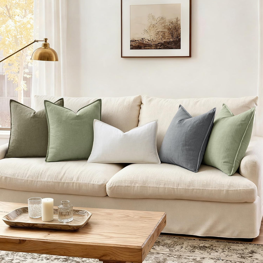 Pack of 2 Decorative Linen Pillow Covers Sage Green Euro Sham Neutral Farmhouse Boho Soild Cushion Case Soft Accent