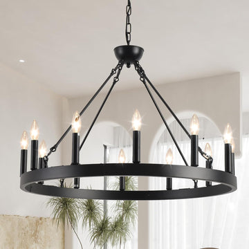Inspired Camino Style Chandelier - Wagon Wheel Chandelier 32" 12-Light, Round Black Chandeliers Farmhouse Modern Wagon Wheel Light Fixtures, for High Ceiling Dining Living Room, Foyer, Entryway A105-B0CGZQSZV1