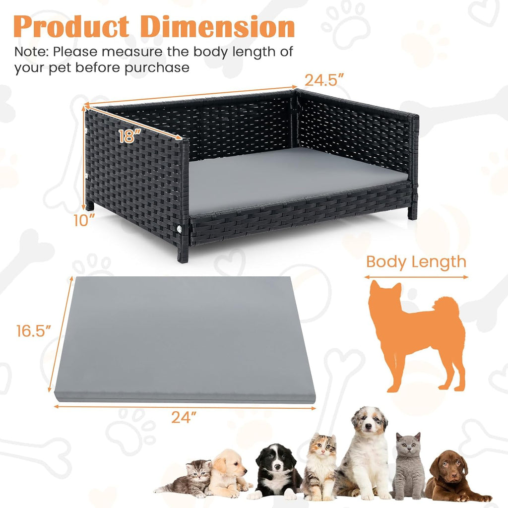 Wicker Dog Bed, Rattan Pet Bed with Metal Frame, Soft Waterproof Removable Cushion, Elevated Indoor Outdoor Dog Couch