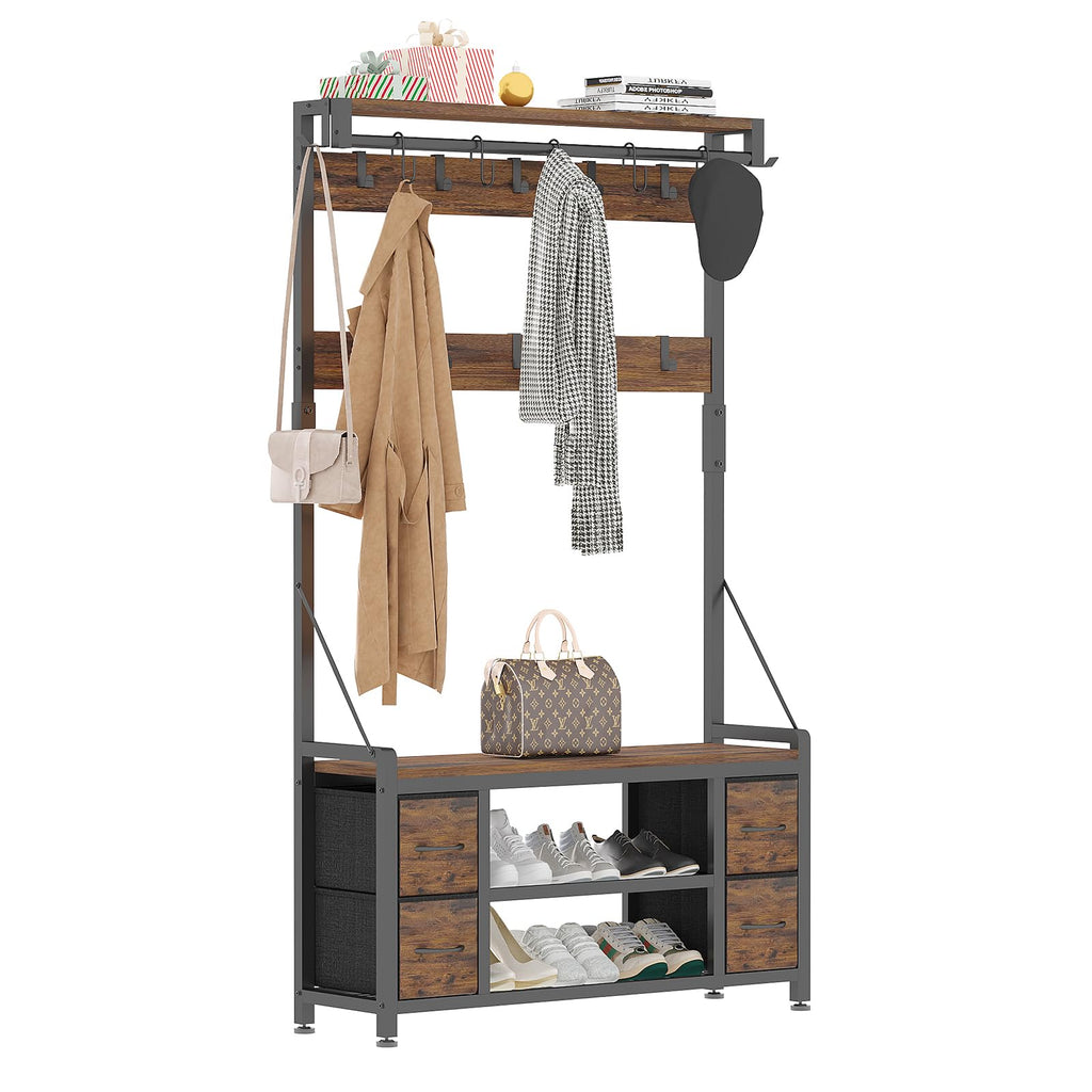39" Hall Tree with Storage Coat Rack freestanding Entryway Furniture Bench, 5 in 1 Design Front Door Shoe Rack and