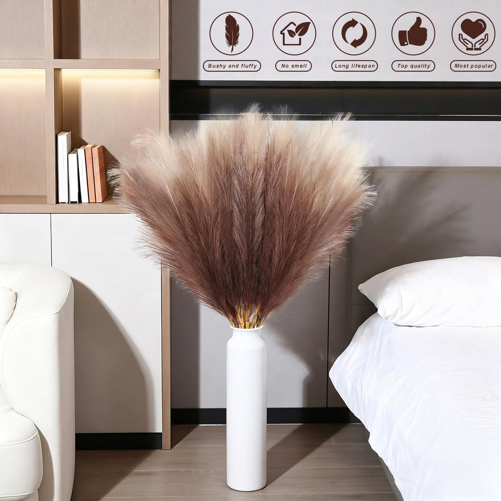 8Pcs 3FT Coffee Faux Pampas Grass, Tall Fluffy Artificial Bulrush