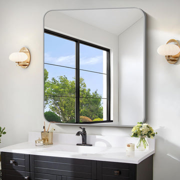 30x30 Inch Silver Bathroom Mirror for Over Sink, Large Square Wall Mirror with Metal Frame, Rounded Corners Decor
