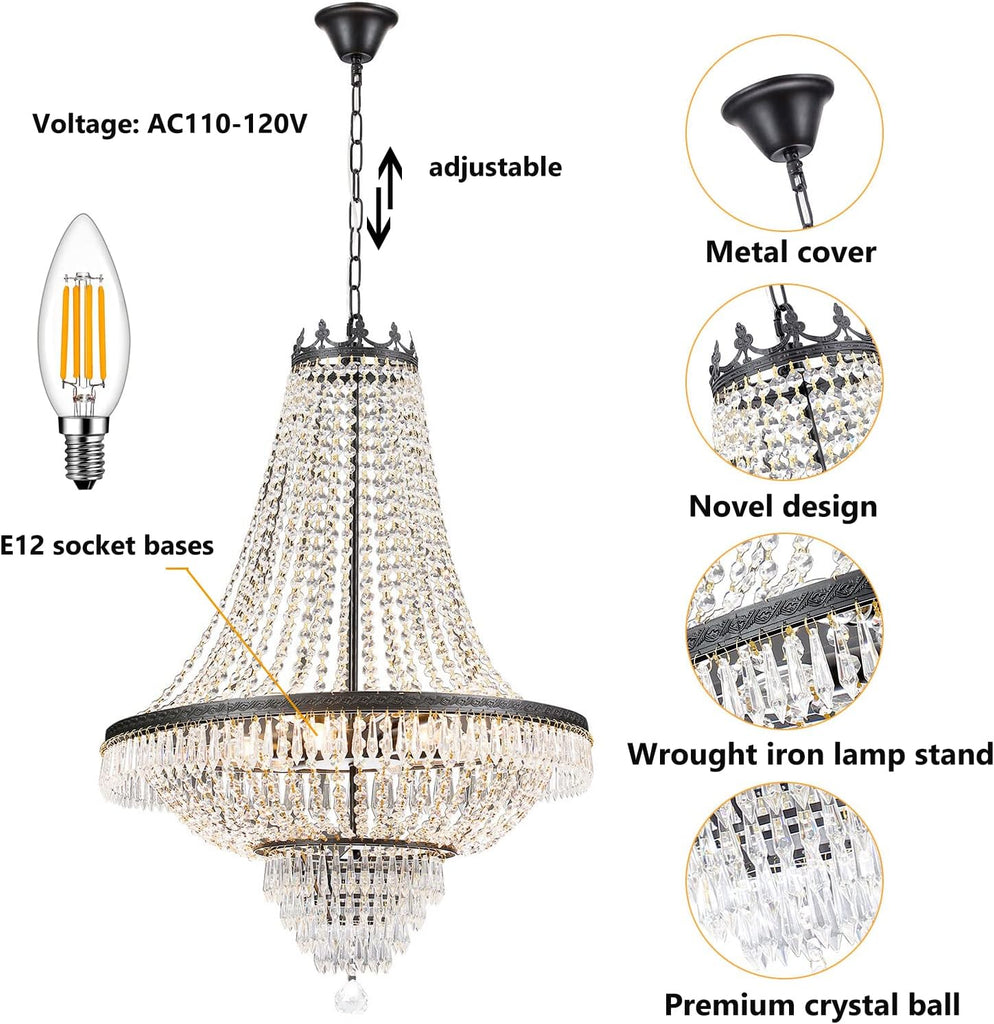 Crystal Chandelier, 9-Light French Empire Country Foyer Chandelier Pendant, Hanging Ceiling Lighting Fixture for Dining Living Room Bedroom Kitchen, W 24'' x H 30'', Black A108-B0BJFB5D36