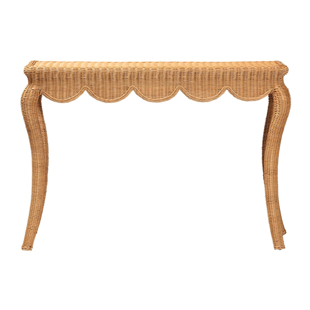 Deborah Natural Rattan Console Table - Handwoven Wicker Accent Table with Cabriole Legs, Scalloped Coastal Cottage