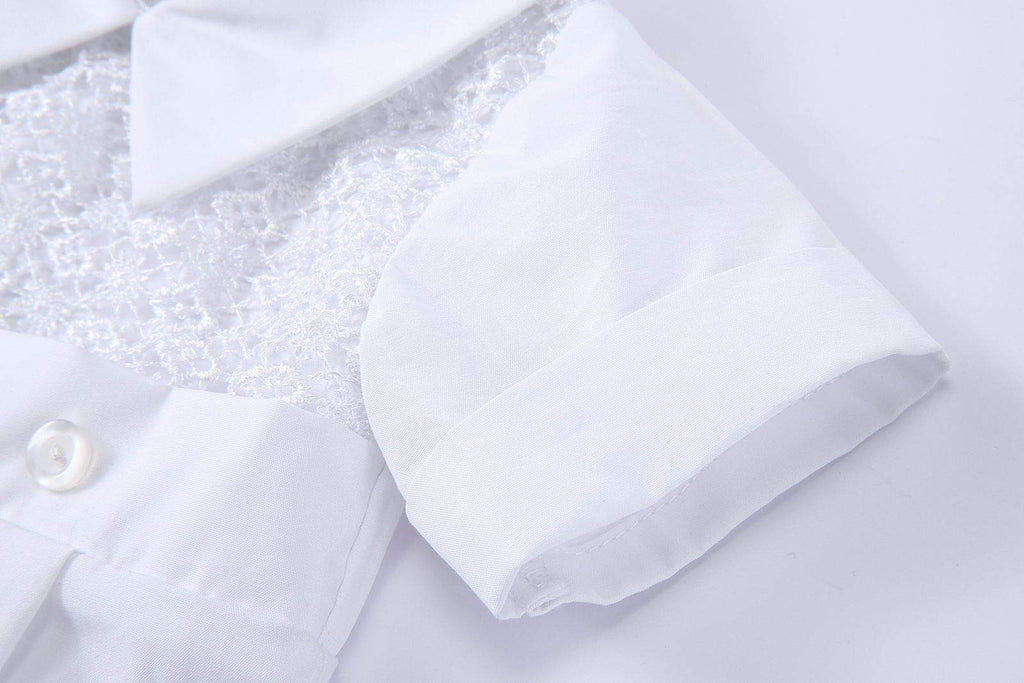 Baby Boy's 3 Pcs Christening Baptism Outfit Embroideried Lace Infant Romper Short Sleeve