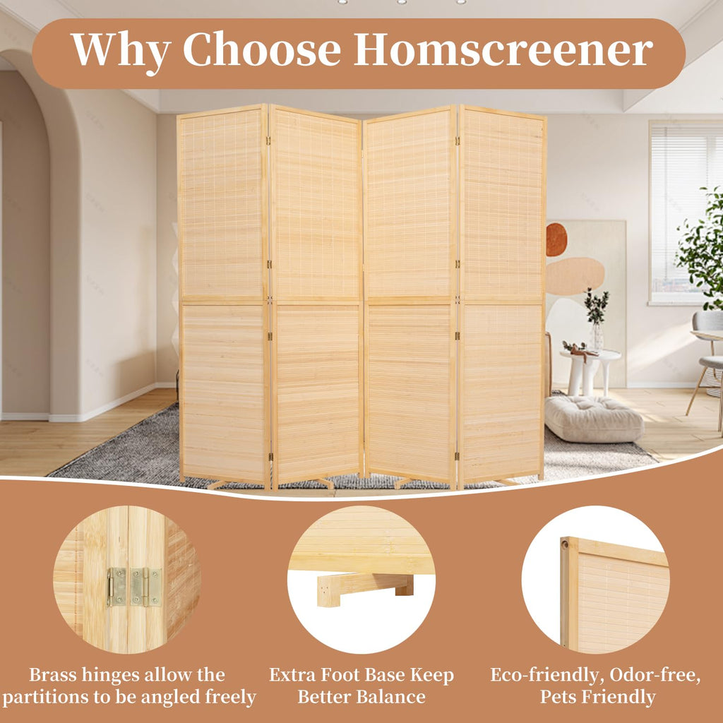 Room Divider Folding Privacy Screens, Hand-Made Natural Bamboo Room Dividers