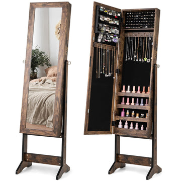 Standing Jewelry Armoire with Full Length Mirror, Rustic Brown