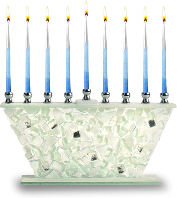 Hanukkah - White Shattered Glass - Handcrafted Painted Glass - Fits All Standard Chanukah Candles