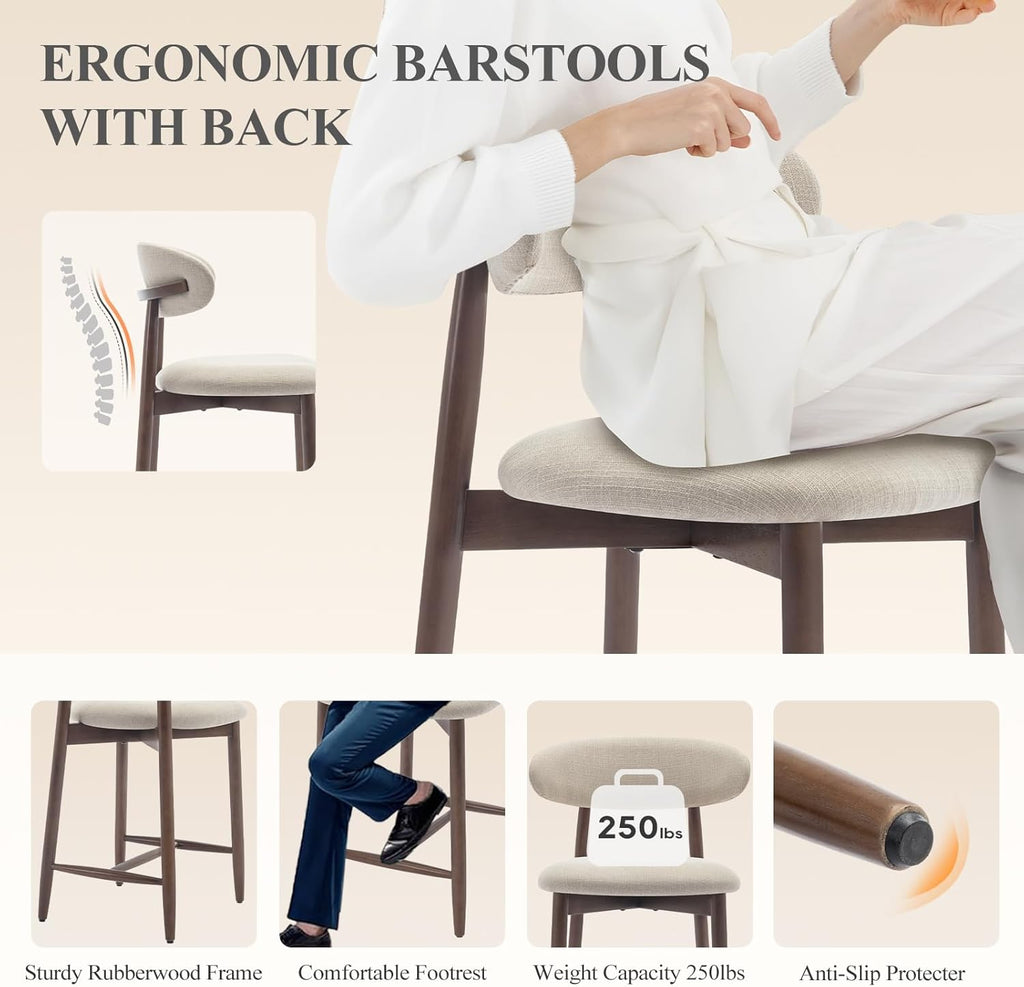 Counter Height Bar Stools Set of 2, Kitchen Bar Stools with Back, Mid Century Modern Upholstered, with Wood Legs