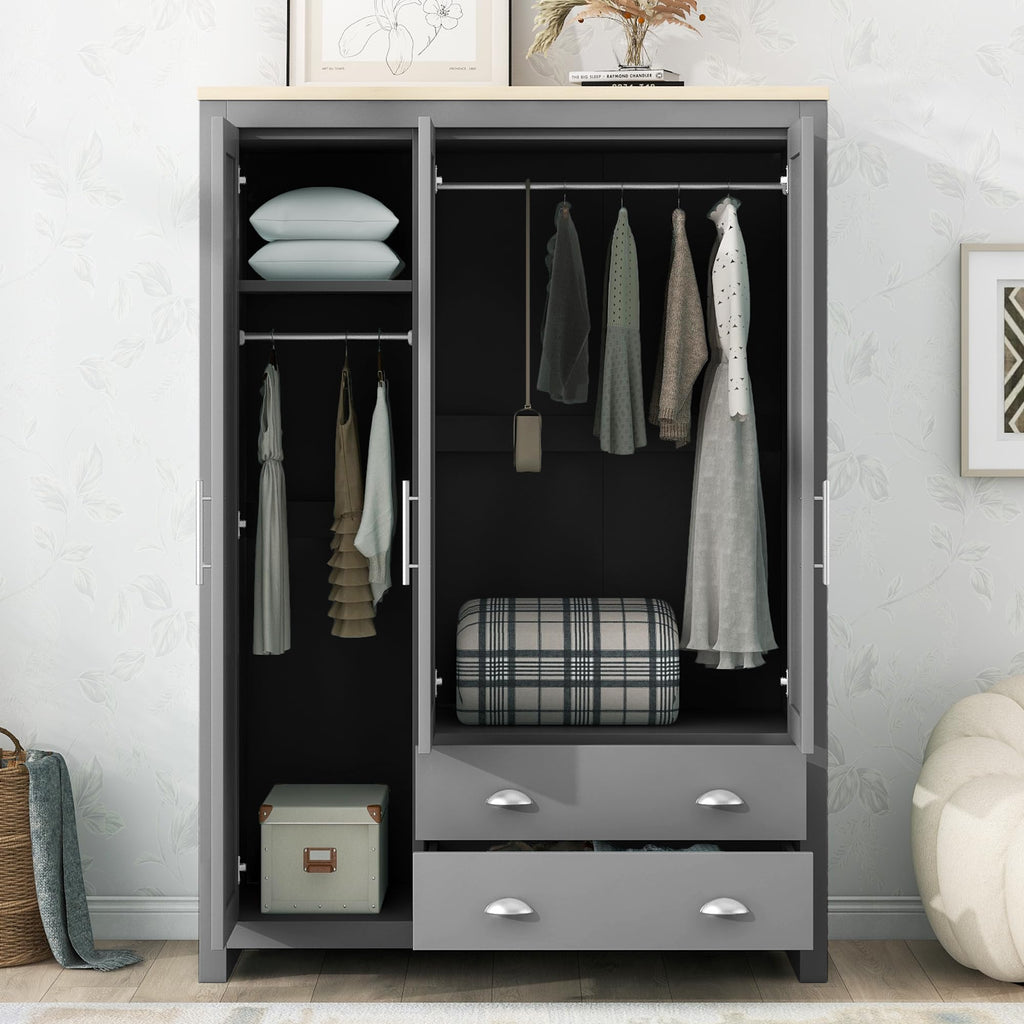 3 Doors Armoire Wardrobe Closet with 2 Drawers, 67.9" H Wooden Closet Wardrobe Cabinet with 2 Hanging Rods and