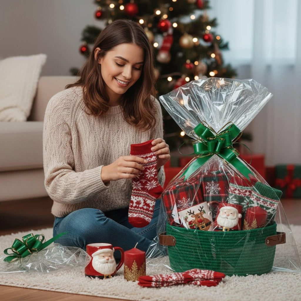2 Pack Woven Christmas Baskets for Gifts Empty with Handle 12 x 8 x 5 Inch Small Holiday Basket with Bags and Ribbons
