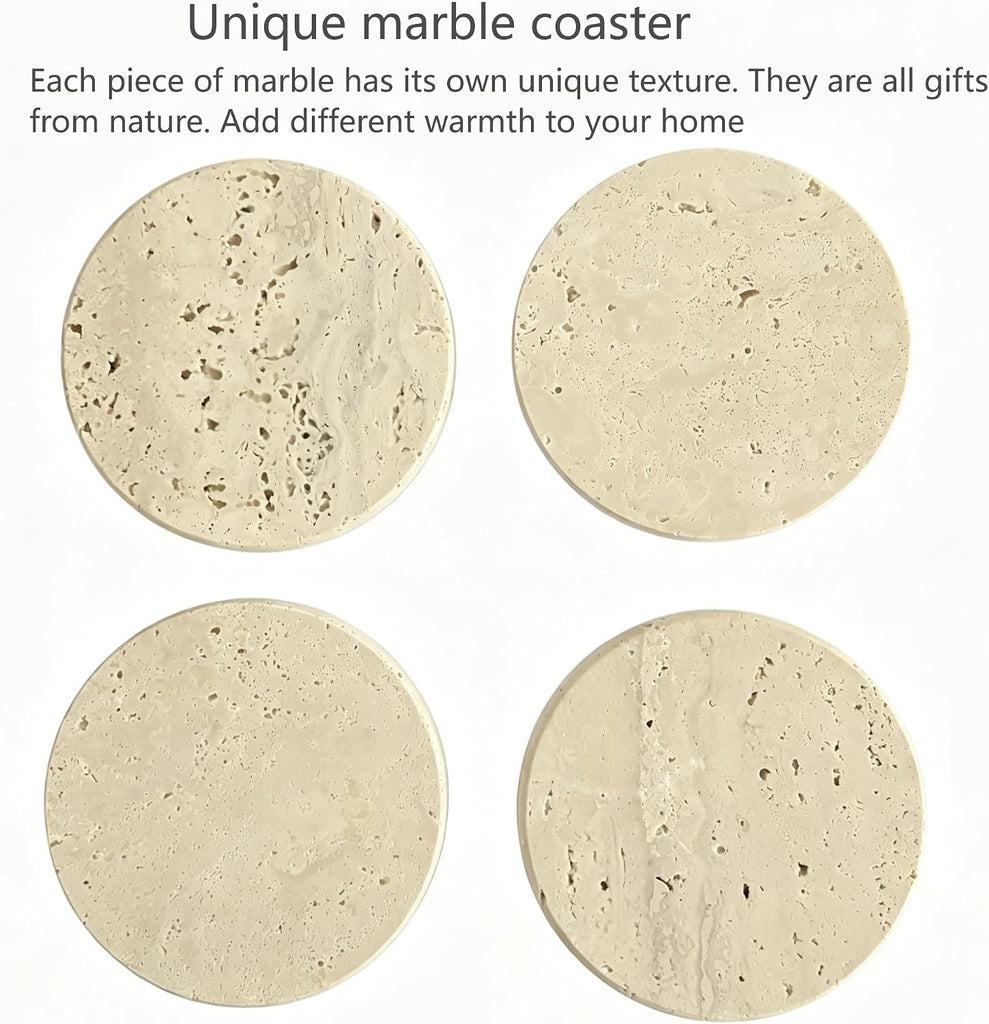Natural Travertine Marble Coasters 4-Piece Set, Round Coasters, 4 Inches Coffee Table Stone Coasters, Suitable - Set of 4