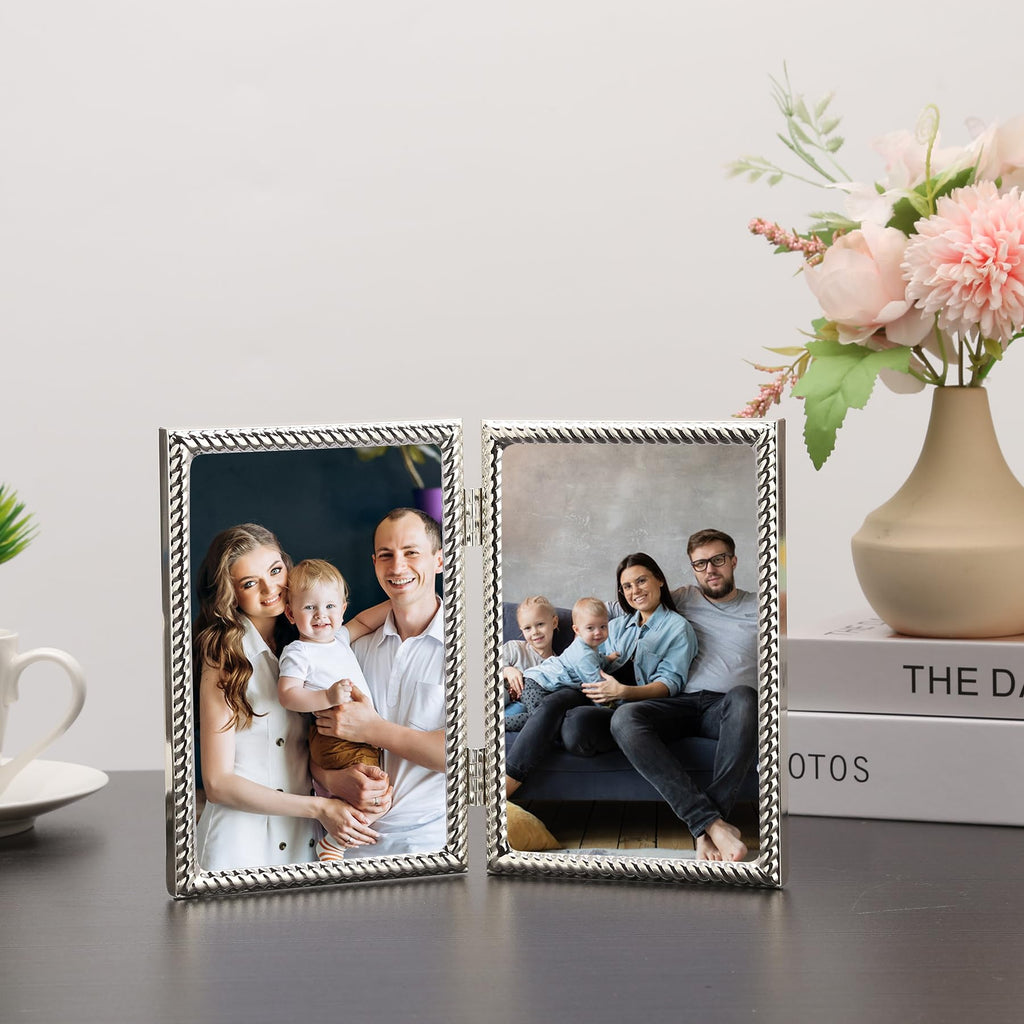 4x6'' Silver Hinged Double Picture Frames, Rope Design Metal Photo Frame with Black Velvet Backing and Real Glass