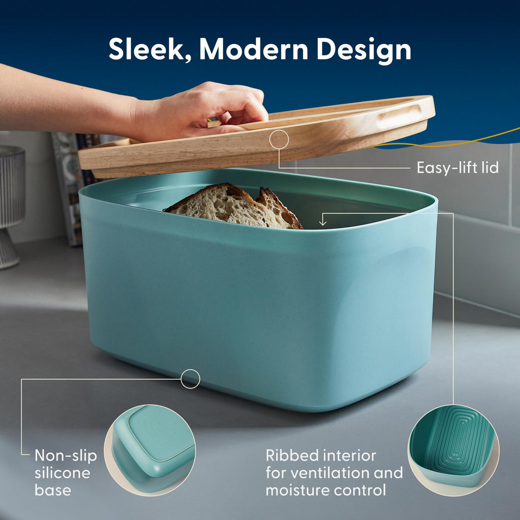 Bread Box - LA Union with Wood Lid (Blue Green) Large 14.25x9.25x7