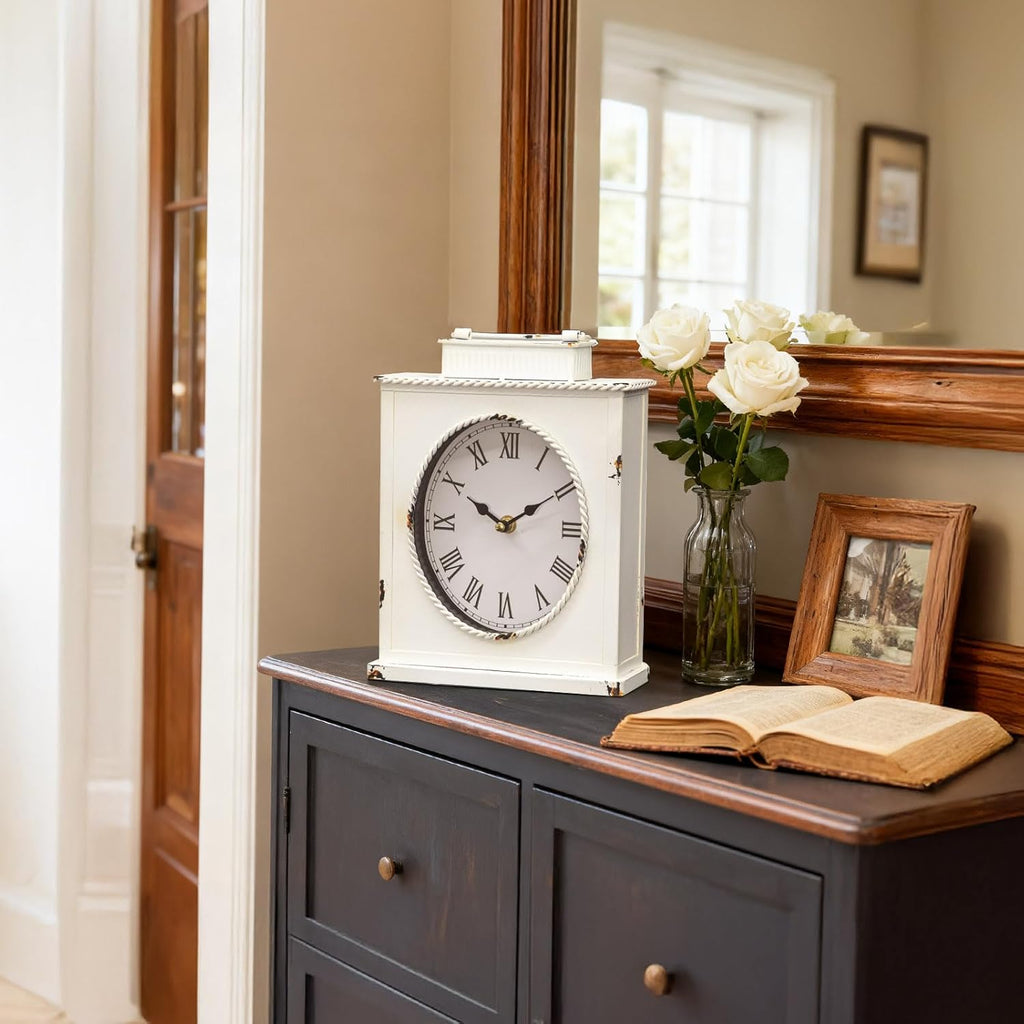 MODE HOME Vintage Mantel Clock, Large Rustic Distressed Metal Table Clock with Handle
