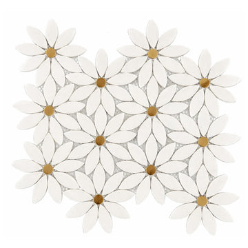 Thassos White Marble Daisy Flower Mosaic Tile with Gold Metal Inlay 12x12 Inches - Decorative Natural Stone Wall &
