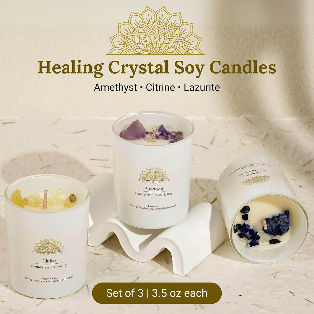 Healing Crystal Candle Gift Set Citrine, Amethyst & Lazurite Hand-Poured Soy Wax French - Set of 3
