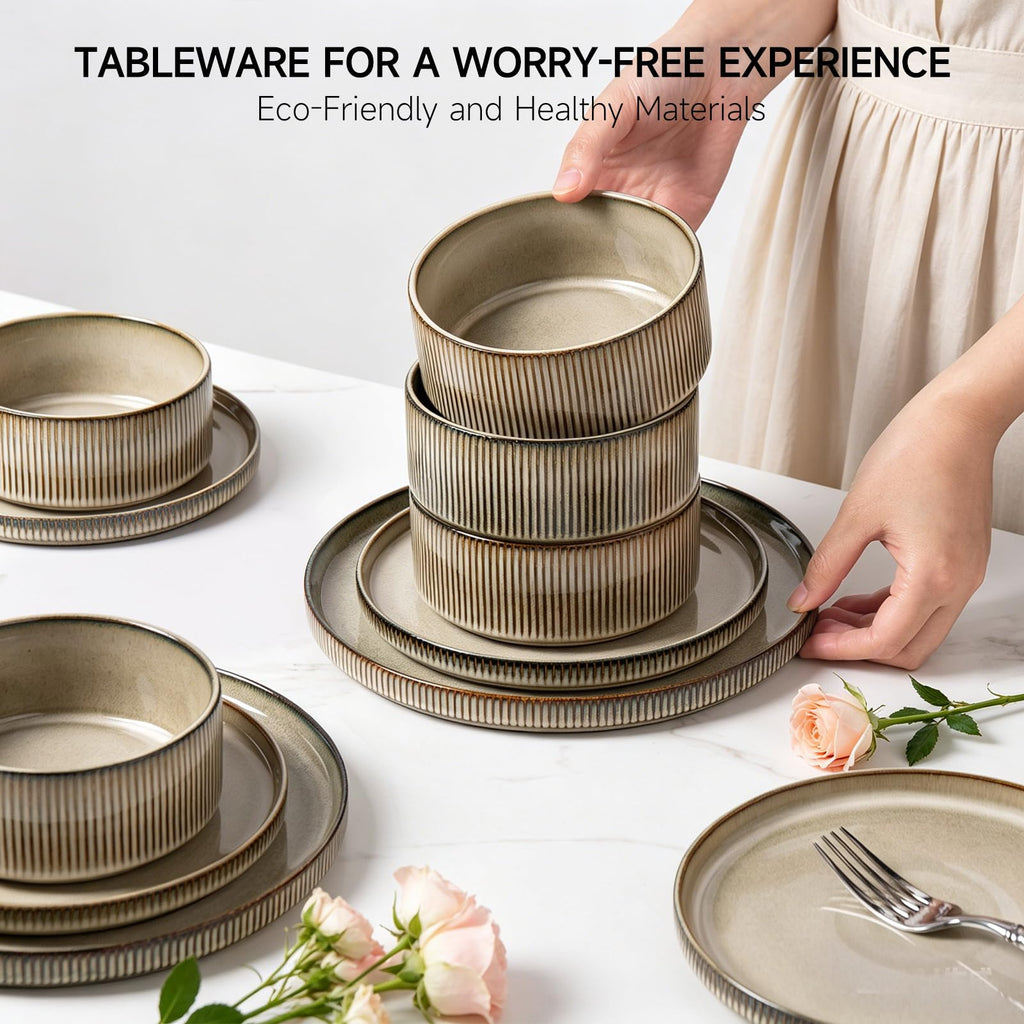 12PCS Ceramic Dinnerware Set for 4, Stoneware Plates and Bowls Sets