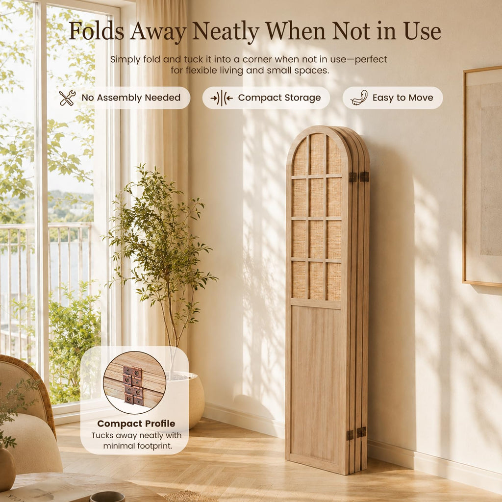 4 Panel Room Divider Privacy Screen Bamboo Wood Light Brown