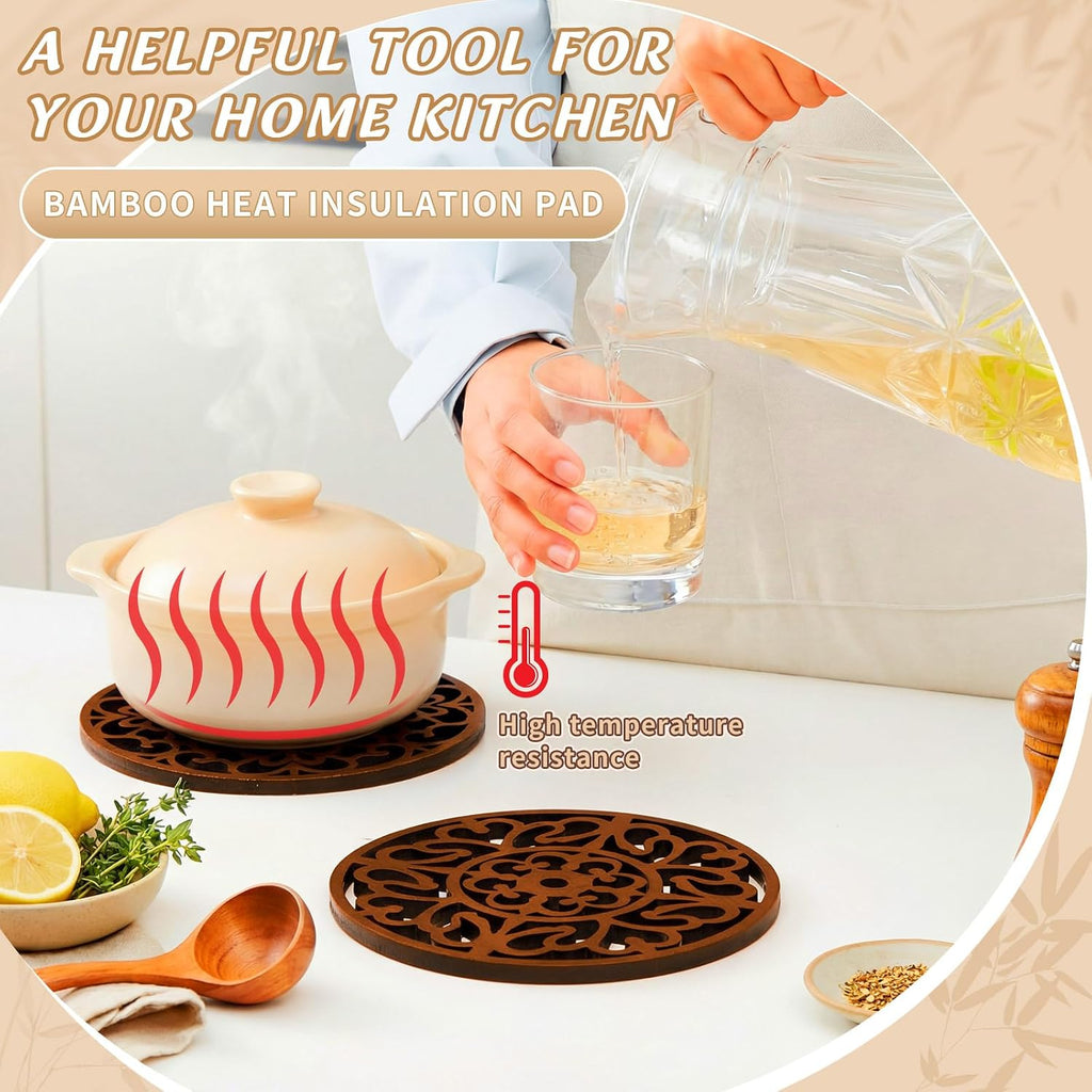Bamboo Trivet Mat for Hot Dishes, 7.9 Inches Round Pot Holders Non Slip Coaster for Hot Dishes Pot Bowl Teapot - Set of 2