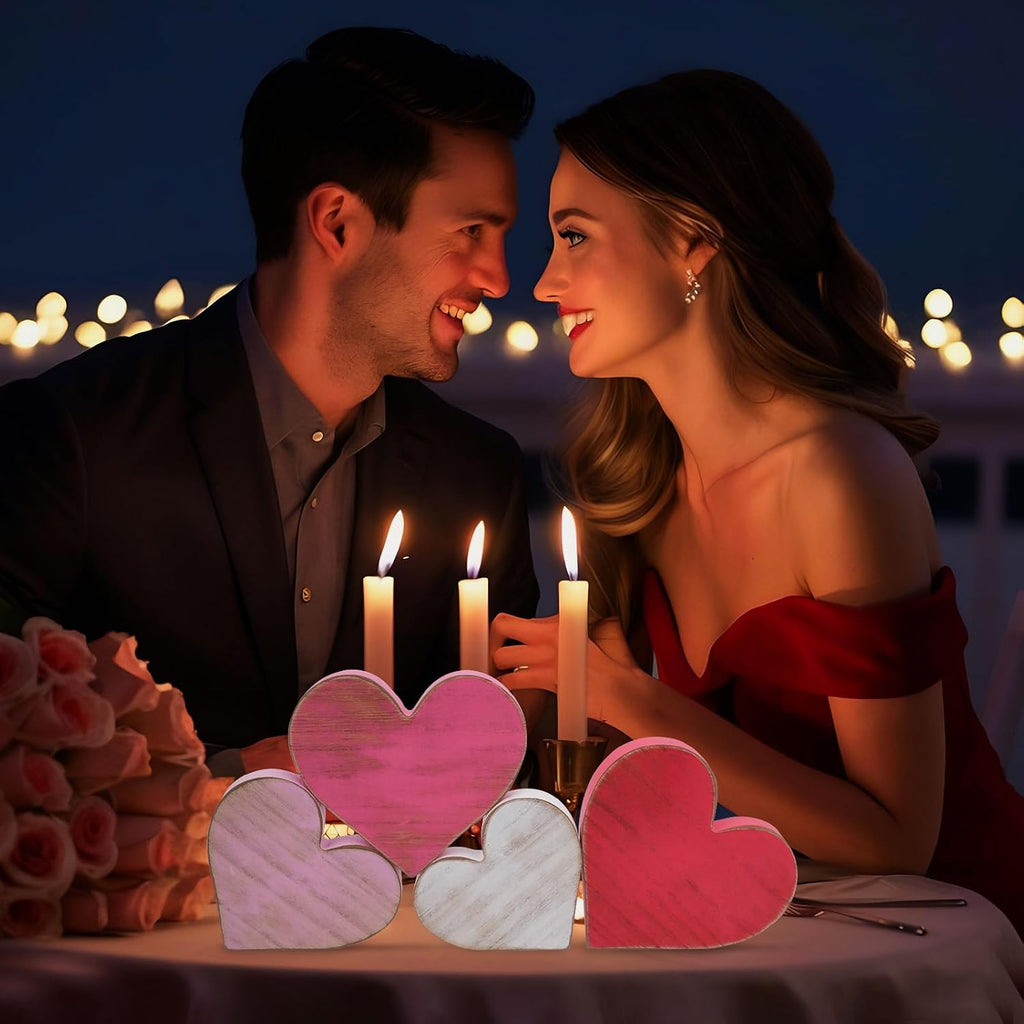 Wooden Hearts Valentines Decorations Indoor, Wood Heart Blocks Tiered Tray Decor, Red Pink White Valentine - Set of 4