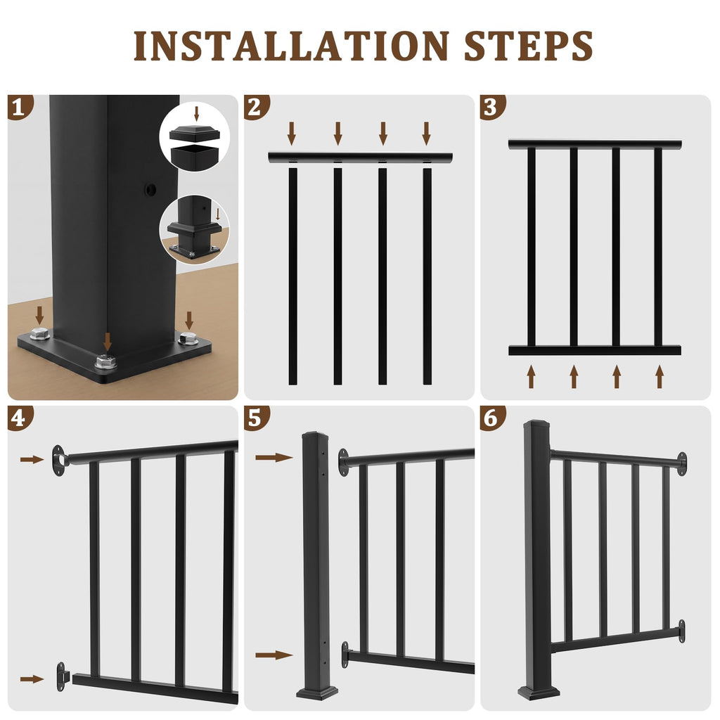 36in H X 2 Ft Deck Railing Kit, Black Porch Railing with Post, 1 Post+1 Panel All-in-One Installation, AAMA 2604 Coat