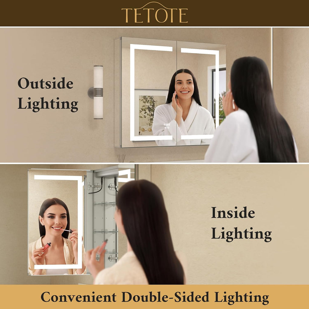 LED Lighted Medicine Cabinet Mirror with Tempered Glass 16 x 24 Recessed or Surface Mount Bathroom Cabinet with