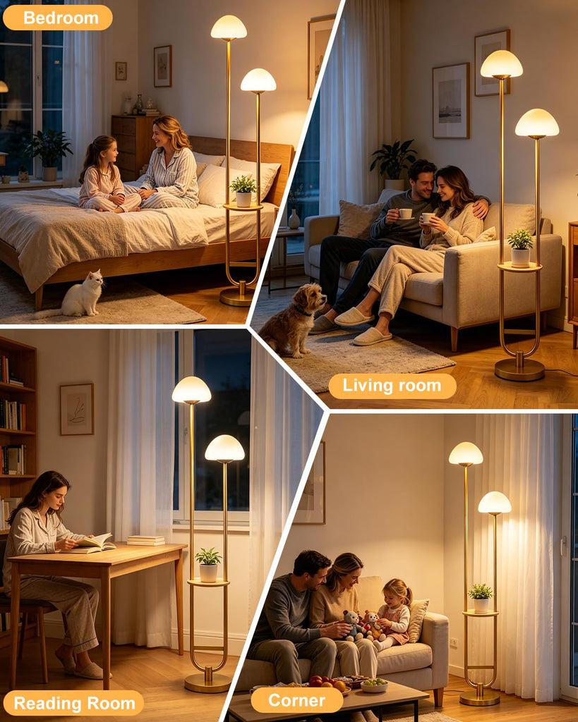 Mushroom Floor Lamp with Shelf 2-Lights Modern Dimmable Floor Lamps