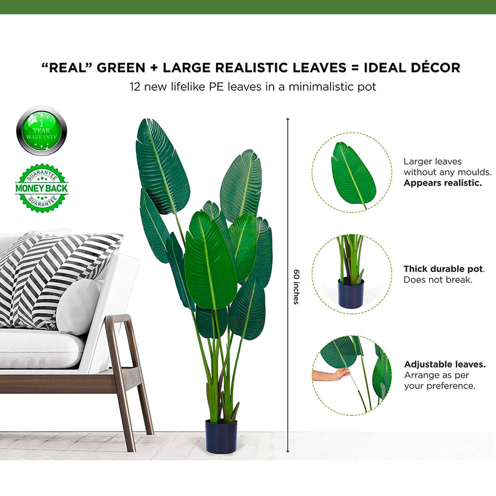 Bird of Paradise Artificial Plant - Fake Tree Banana Faux Plants with 10 Realistic Green Leaves and Thick Durable Pot