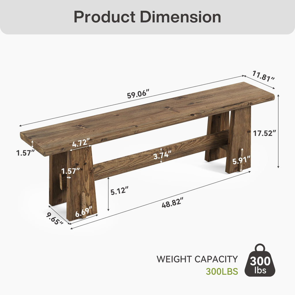59" Solid Wood Bench, Farmhouse Entryway Bench, Long Retro Bench for End of Bed, Dining Room, Entryway, Hallway
