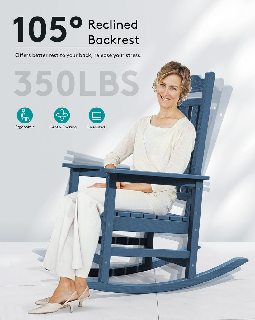 HDPE Oversized Outdoor Rocking Chairs Set of 2, Patio Rocker, Blue