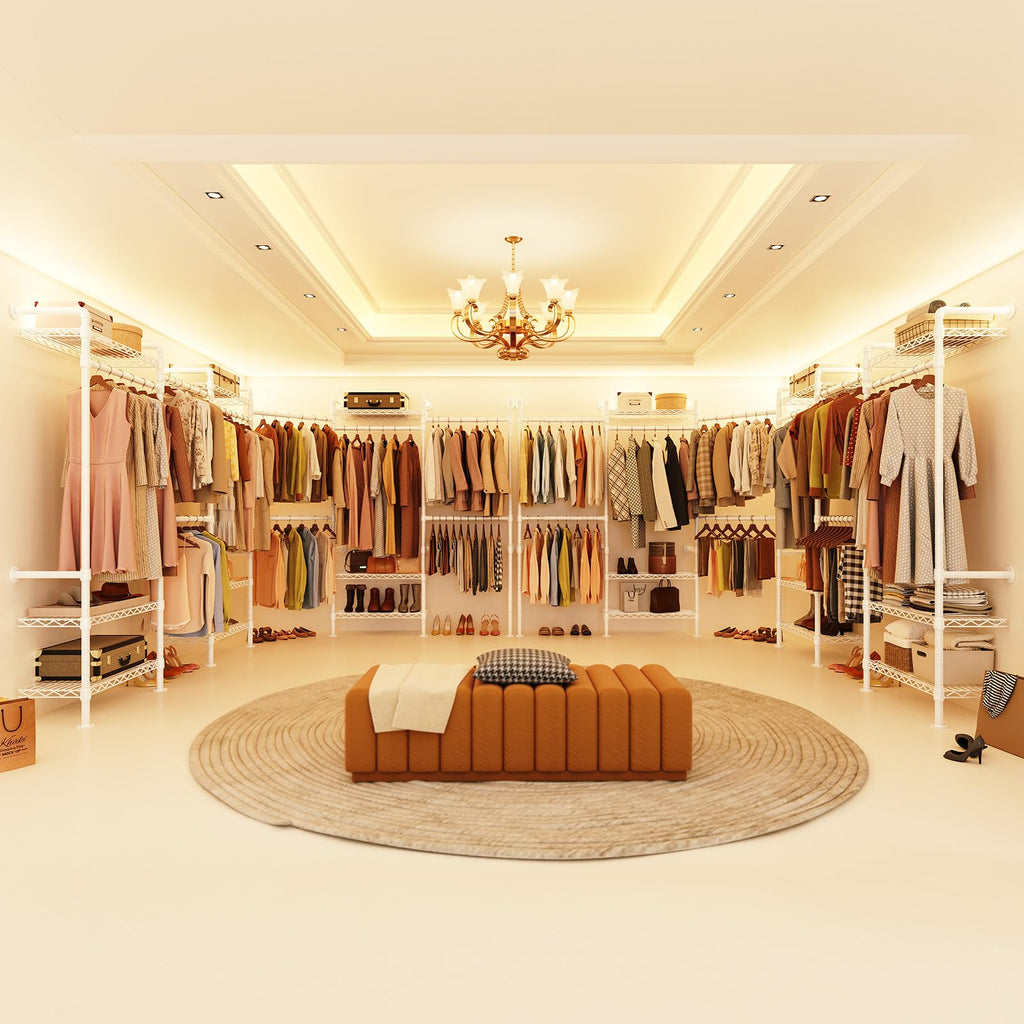 H6 Wall Mounted Closet System, Industrial Pipe Clothes Rack Clothing Racks with 6 Telescopic Rods & 3 Fixing Rods & 9