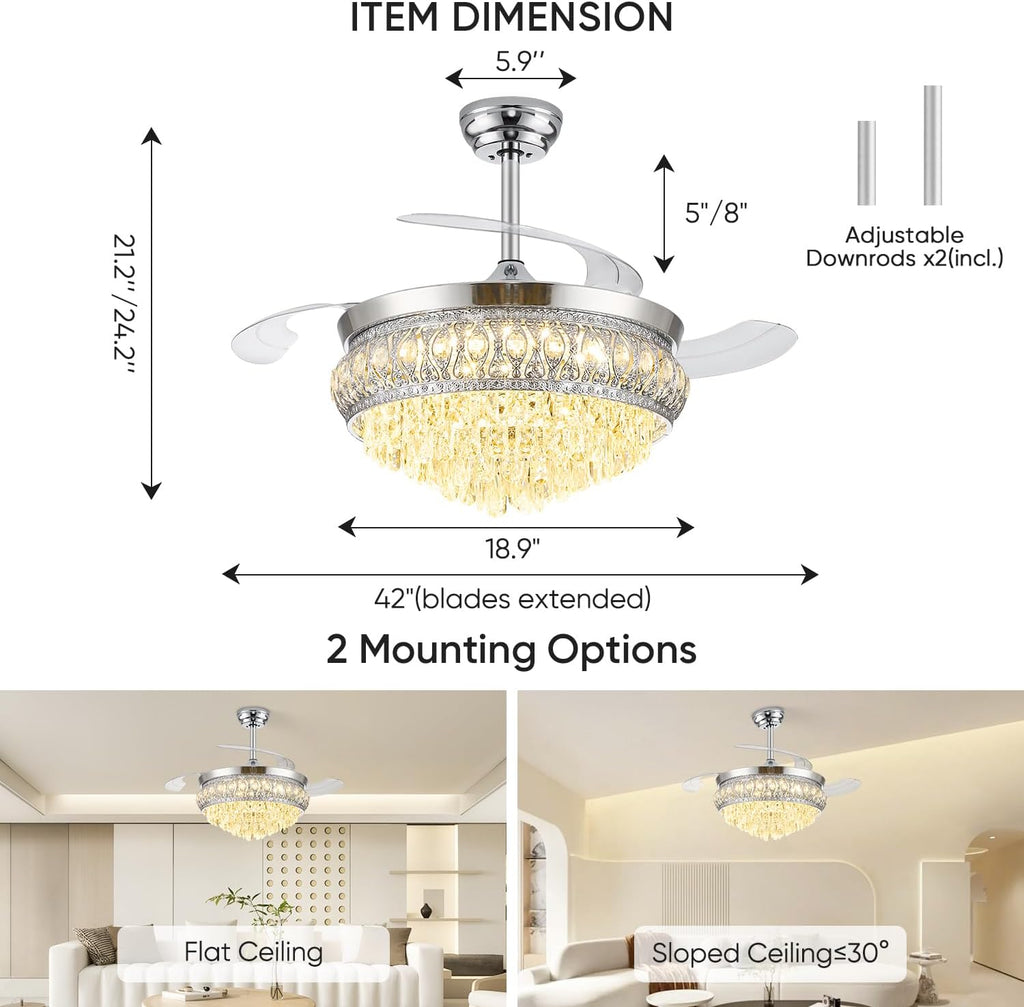 42" Fandelier Ceiling Fan with Light, Crystal Retractable Ceiling Fan with Lights and Remote, Chandelier Fans