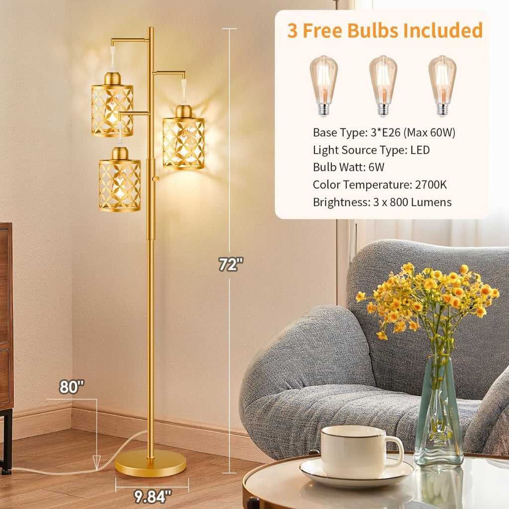 72" Modern Tree Floor Lamp, Dimmable Industrial Tall Standing Lamp with Metal Cages & Rotary Dimmer Knob, Corner