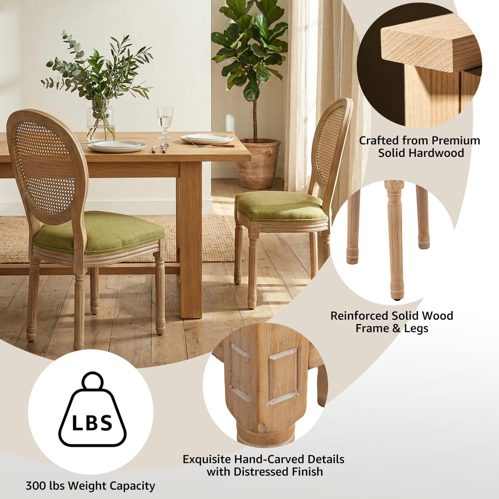 Vintage French Country Dining Chairs Set of 4, Farmhouse Rattan Dining Room Chairs with Round Back, Linen Upholstered