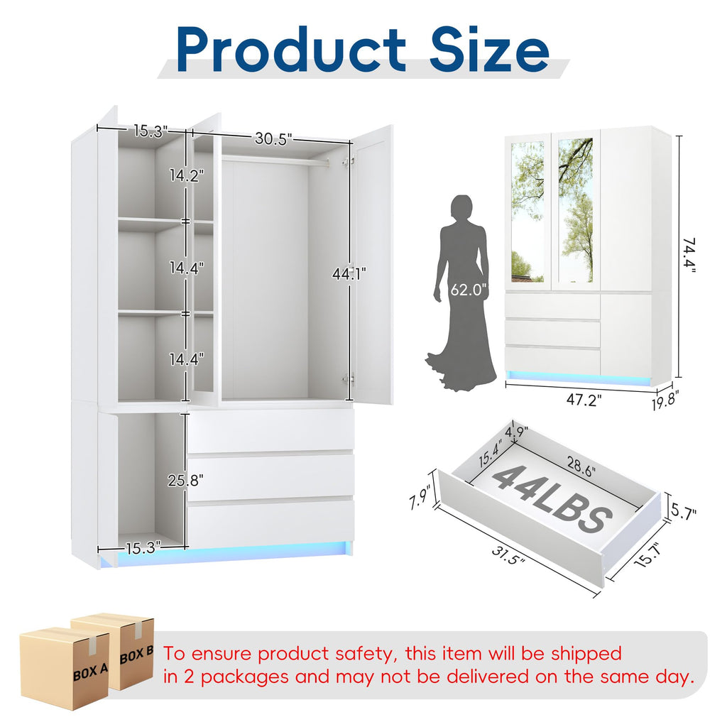75" Tall Modern Wardrobe Closet with 2 Mirrors, LED Lights, 47"W Armoire Wardrobe Cabinet with 3 Drawers, Hanging