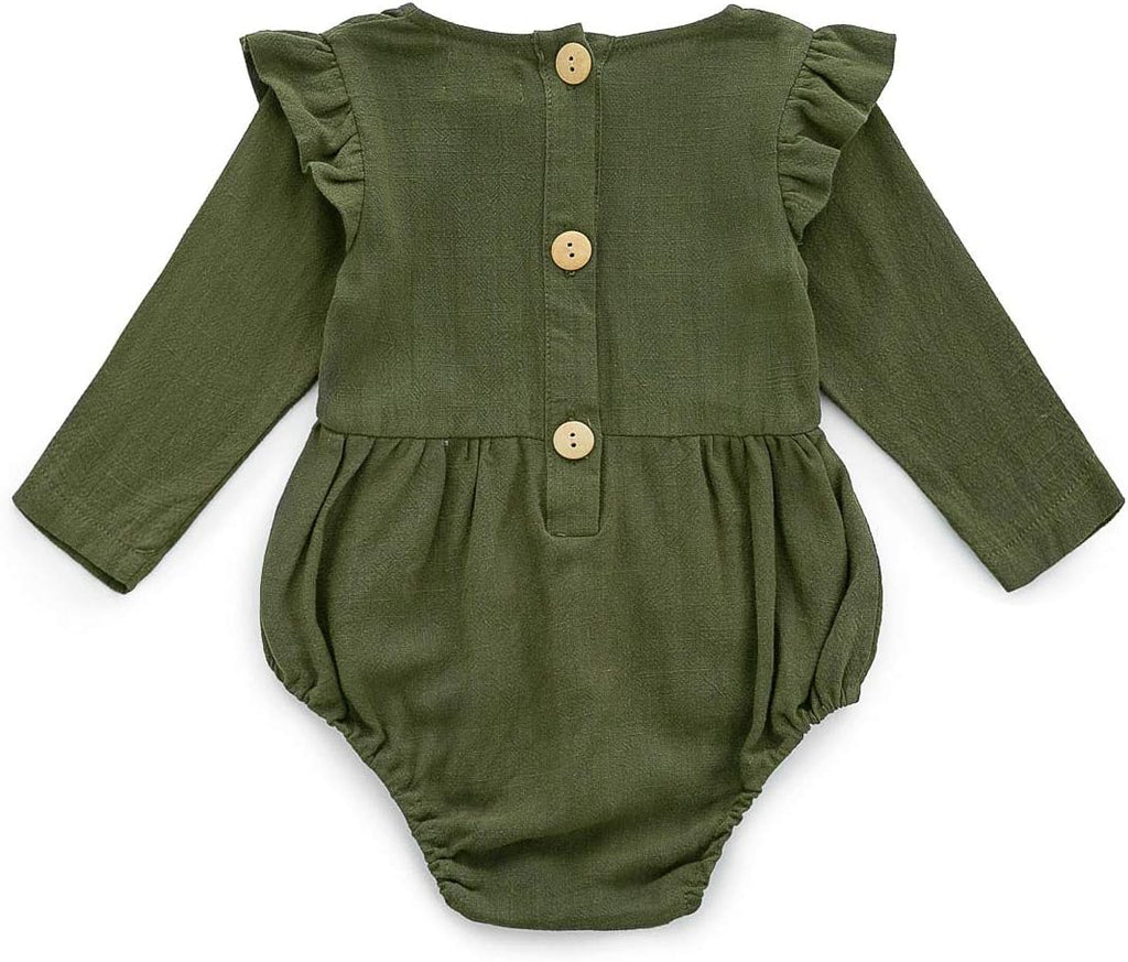 Baby Girl Romper, Cotton Linen Long Sleeve Solid Color, 0