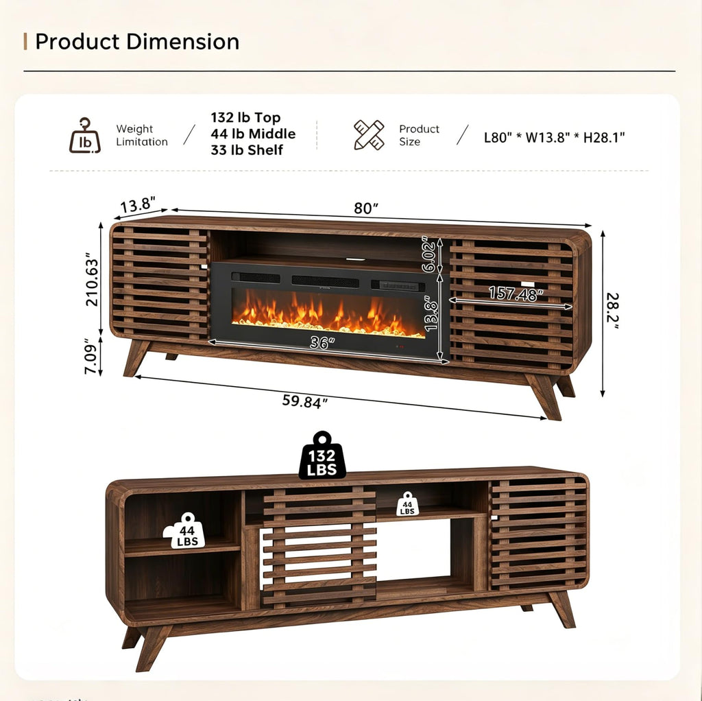 Luxury Fluted TV Stand with Fireplace, 80 inch, Brown