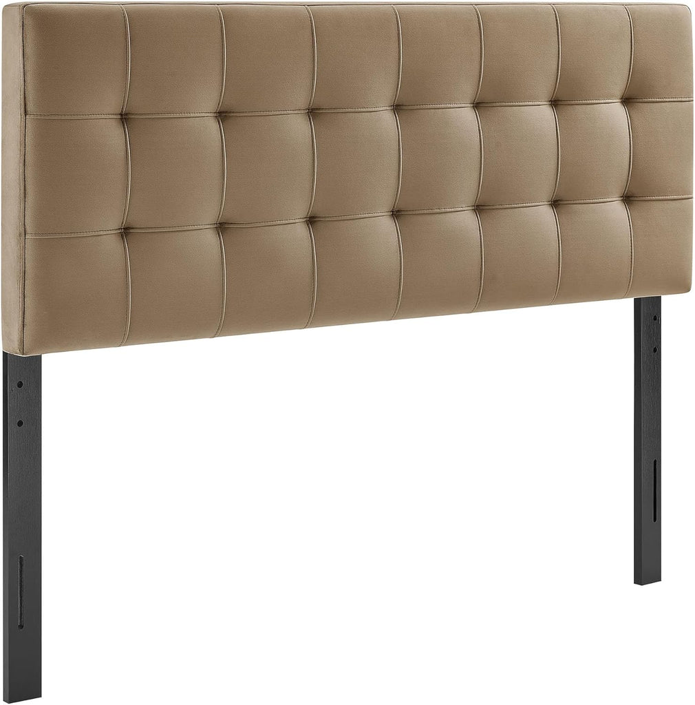 Lily Performance Velvet Queen Headboard with Biscuit Tufting in Taupe - Stain-Resistant Upholstery with Padded Design