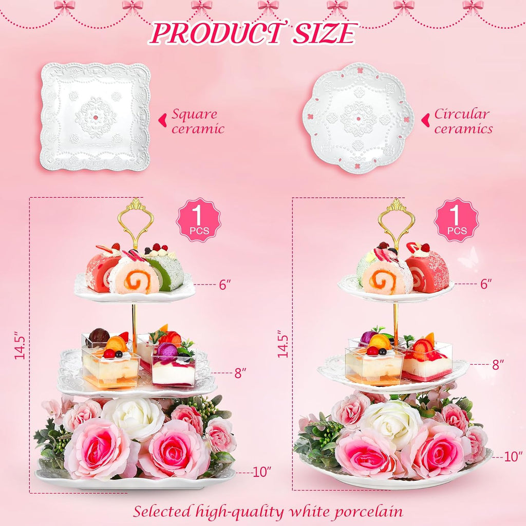 Tier Porcelain Cupcake Stand Round and Square White Ceramic Cake Stand 3 Tier Serving Tray Tiered Dessert - Set of 2