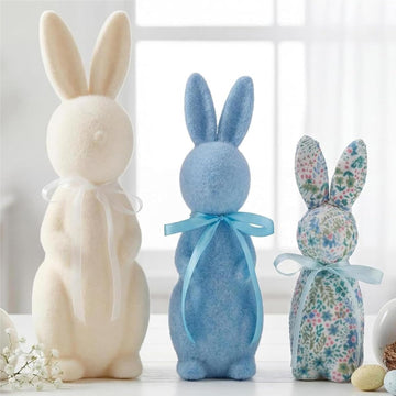 Flocked Bunny Easter Decorations 9/10/13 Inch Flocked Bunny Figurines with Bow Tie Spring Easter Tabletop - Set of 3