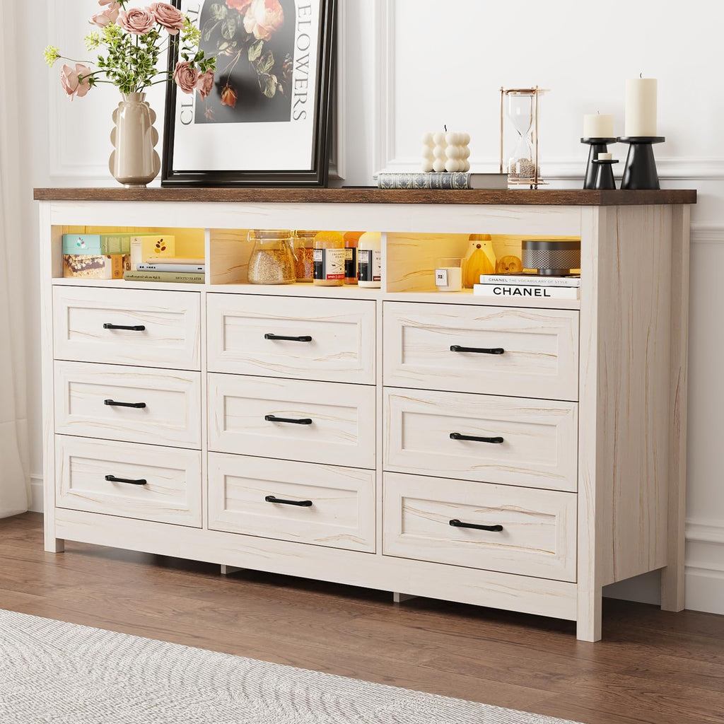 Farmhouse 9 Drawer with LED Lights, 63" Wide Large Chest of Drawers, Modern Wood Storage Organizer with Charging