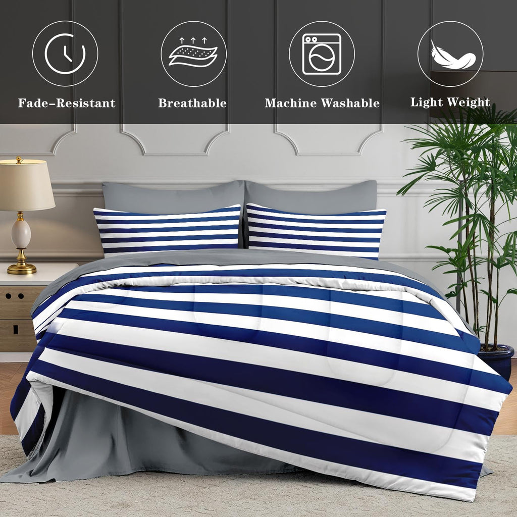 7 Pcs Comforter Set, Striped Navy Bedding