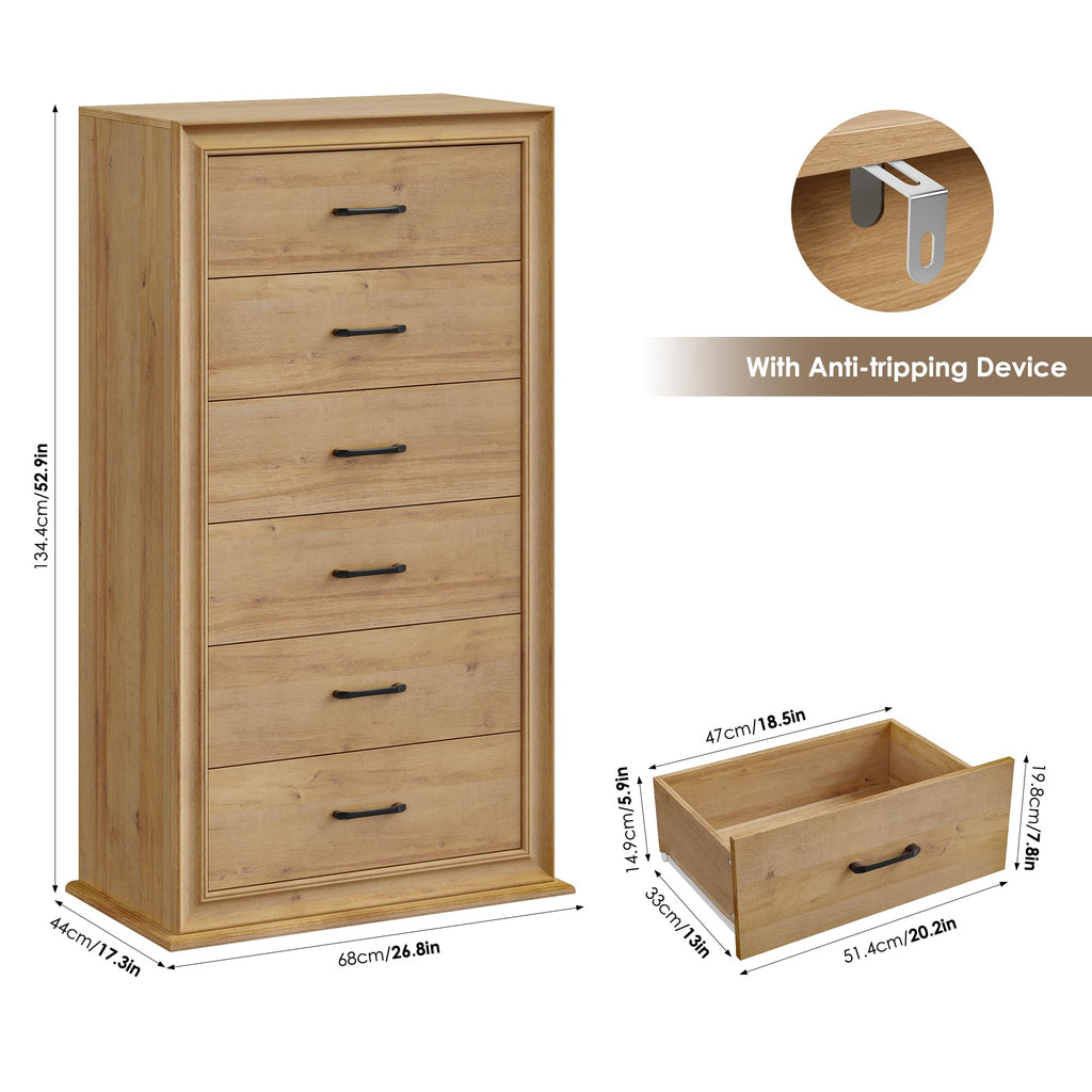 Farmhouse Oak 6 Drawer Dresser, 53'' Tall Dresser & Chest of Drawers