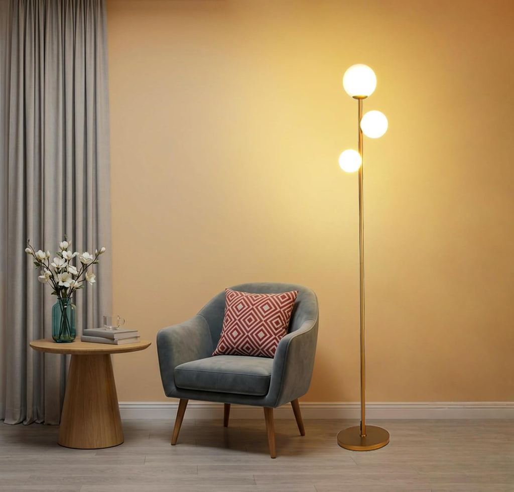 3 Globe Floor Lamp Mid Century Modern, Gold Standing Lamp with Frosted Glass Shade & LED Bulbs